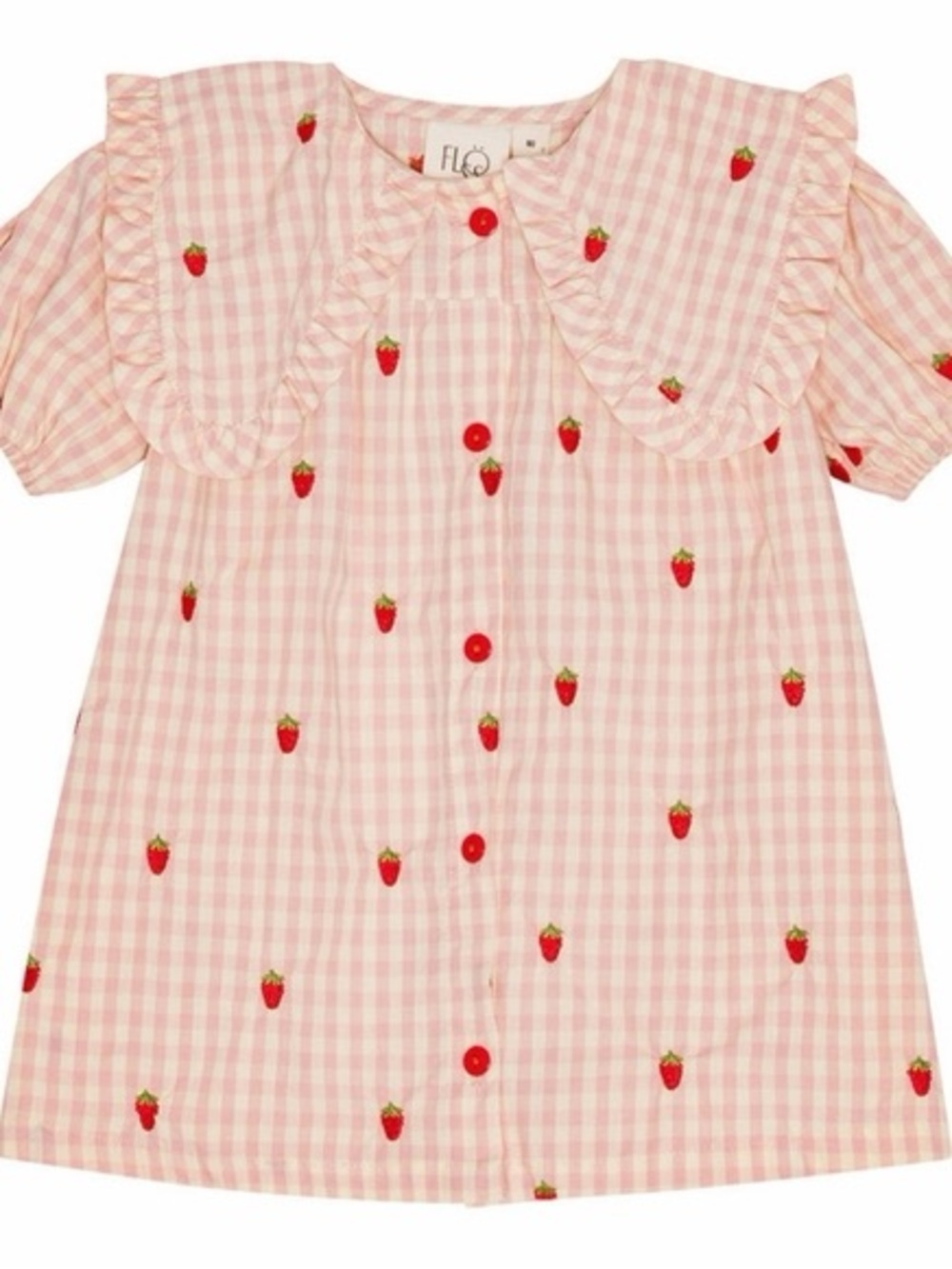 FLØ Pink Gingham Strawberry-Embroidered Kids Dress
